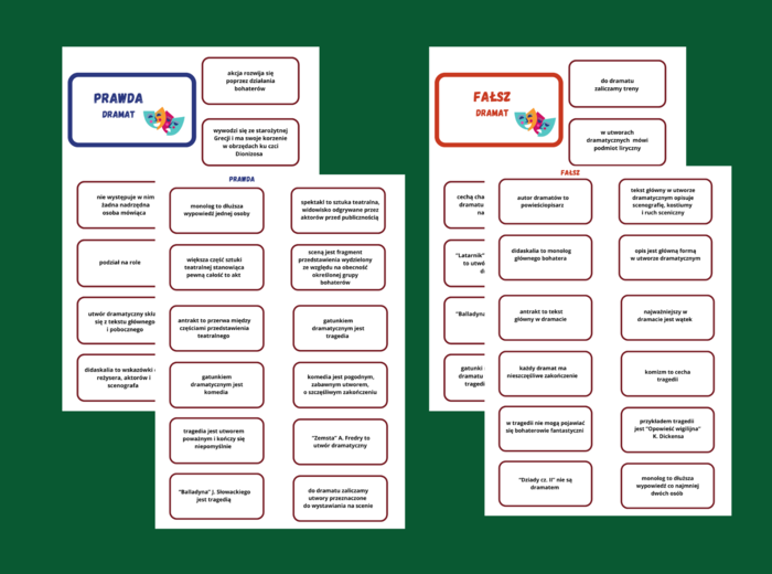 DRAMAT - prawda/fałsz - 46 fiszek- rodzaje literackie - powtórka