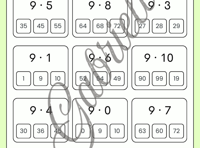 Karta pracy - mnożenie przez 6,7,8 oraz 9.