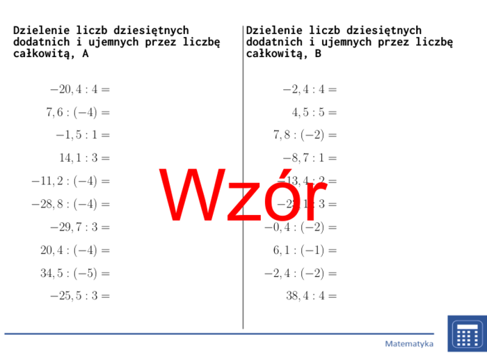 Dzielenie liczb dziesiętnych dodatnich i ujemnych przez liczbę całkowitą | matematyka | 26 kolumn