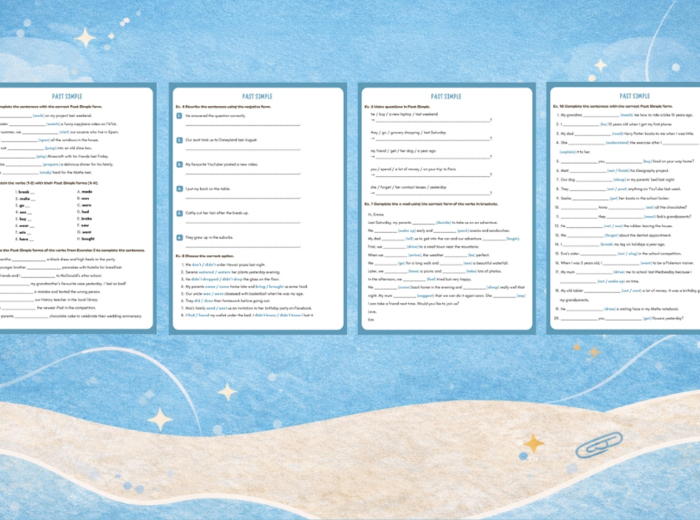 PAST SIMPLE – Kompletny zestaw zadań:  Czasowniki regularne & nieregularne, przeczenia, pytania, writing + BONUS: Wykreślanka & krzyżówka Irregular Verbs  | A2–A2+