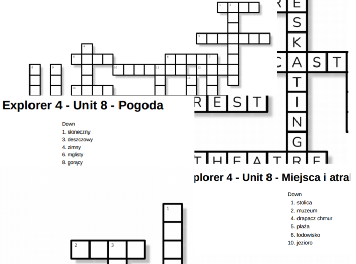 Junior Explorer 4 – Unit 8 – krzyżówki – Pogoda/Miejsca i atrakcje turystyczne/Inne słówka