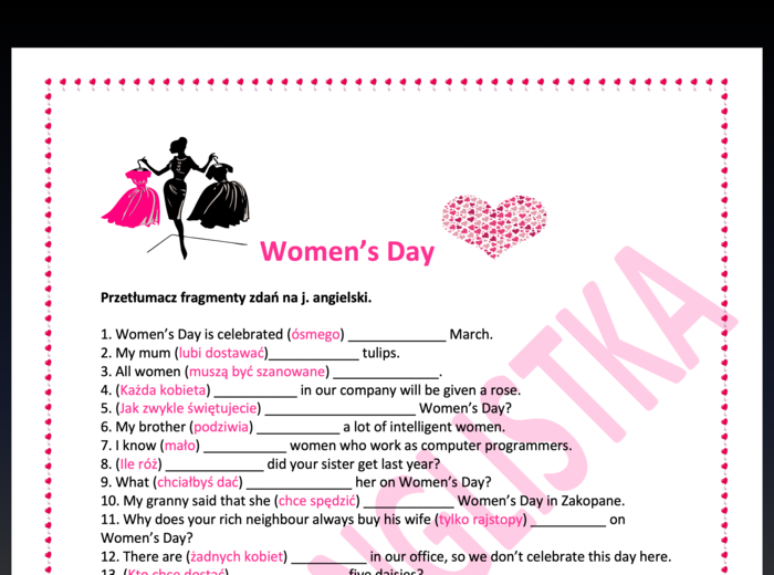 Dzień Kobiet - Women's Day- tłumaczenie fragmentów zdań dotyczących Kobiet
