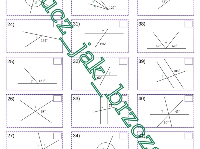 Własności kątów, kąty wierzchołkowe, przyległe, odpowiadające i naprzemianległe, karta pracy, dyktando grafomotoryczne, kodowanie, klasa 5