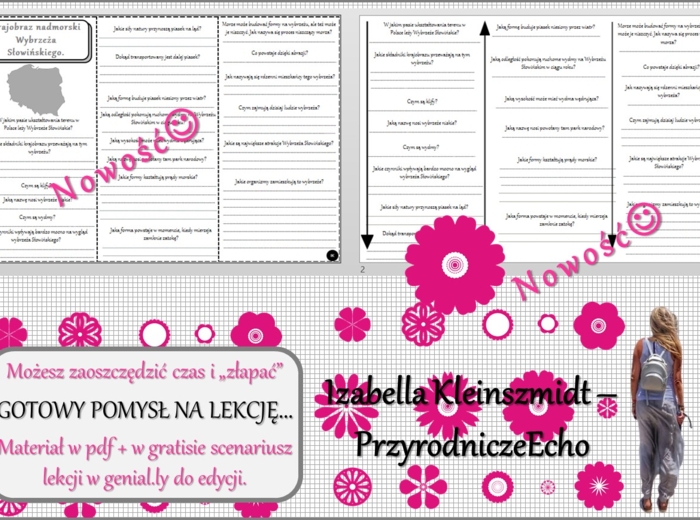 Pomysł na lekcję/karta pracy/stacje zadaniowe/notatki/ materiał do lekcji do tematu „Krajobraz nadmorski Wybrzeża Słowińskiego?” w pdf. W gratisie niekomercyjny scenariusz lekcji/pomysł na lekcję w programie genial.ly do edycji. Geografia 5. Dział „Krajo