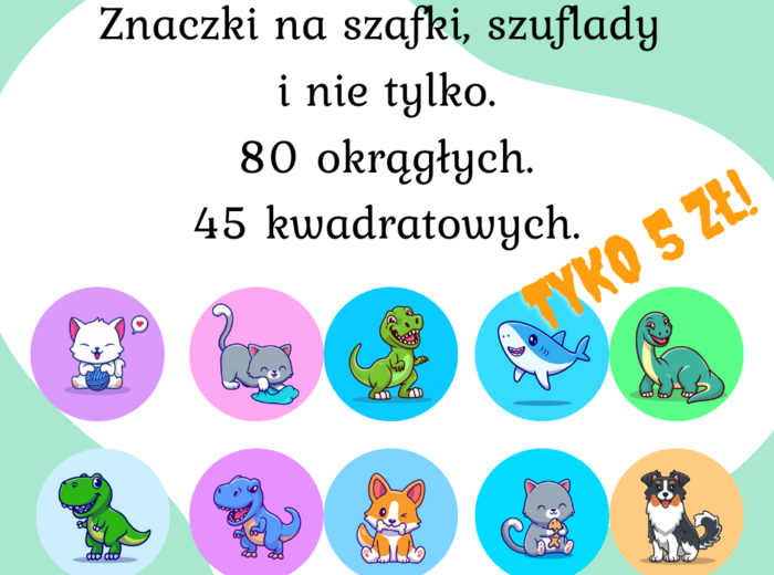 Znaczki do szafki, na półki czy szuflady.