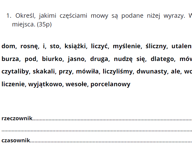 Części mowy - kartkówka, egzamin ósmoklasisty, klasa 6