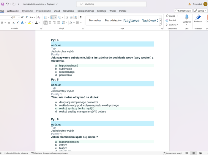 Test składniki powietrza