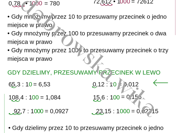Mnożenie i dzielenie przez 10, 100 i 1000 - notatka
