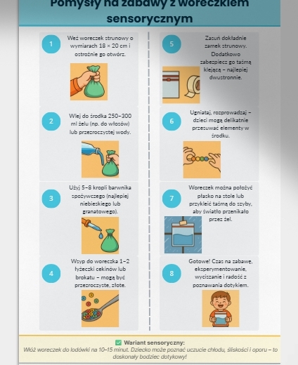 Zabawy sensoryczne: deszczowe woreczki sensoryczne (woda, żel, krople).
