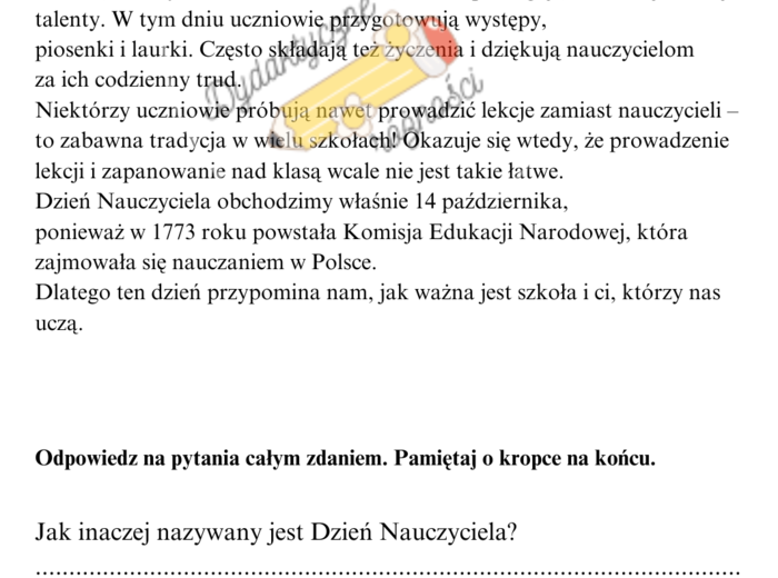 Dzień nauczyciela kl. 2-3. Czytanie ze zrozumieniem, pytania, kolejność alfabetyczna, czytanie wspak, zadanie graficzne.