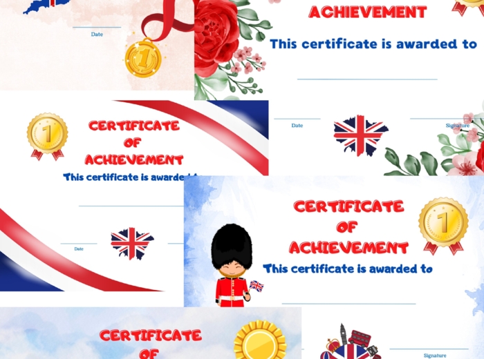 Certificate of Achievement - Dyplom / Certyfikat ukończenia kursu z języka angielskiego. 5 Wzorów