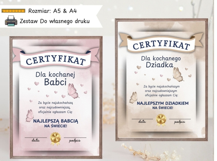 Zestaw Certyfikatów dla Babci & Dziadka ❤️🌷 Format A5&A4