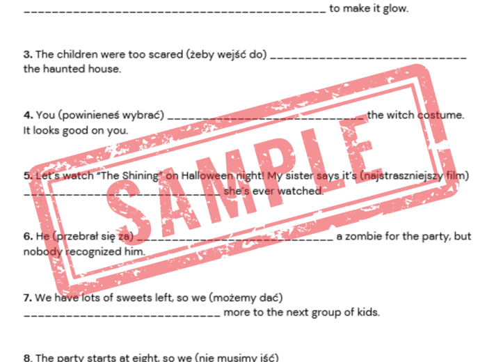 Egzamin Ósmoklasisty – HALLOWEEN | Zestaw zadań egzaminacyjnych z języka angielskiego (reakcje językowe, uzupełnianie dialogów, czytanie ze zrozumieniem, tłumaczenia, e-mail)