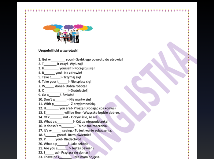 100 przydatnych zwrotów sytuacyjnych z lukami- MEGA TRENING PRZED EGZAMINEM ÓSMOKLASISTY Z KLUCZEM