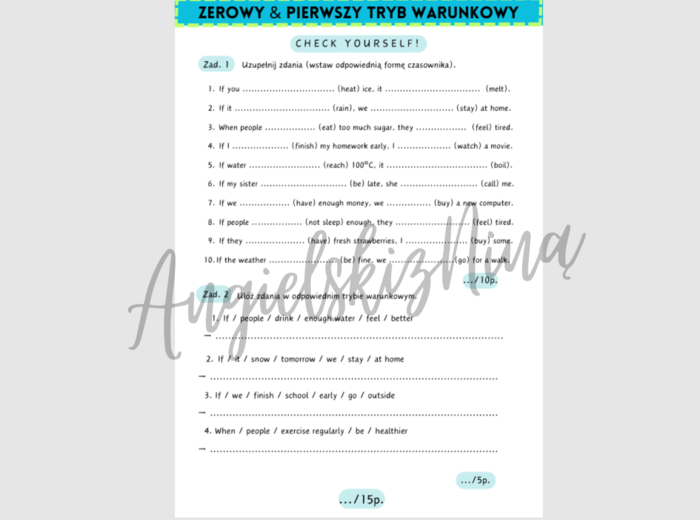 Zero & First Conditional - Zerowy & Pierwszy tryb warunkowy - Check yourself! - karta pracy - kartkówka - test - powtórka - okres warunkowy - okresy  - conditionals -  tryby warunkowe - porównanie -