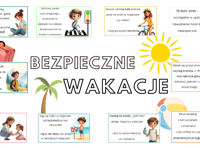 Gazetka Szkolna „Bezpieczne Wakacje” – Gotowa do Druku! 🌞 Możliwość własnej aranżacji/ dodatkowe dekoracje/ZNIŻKA!
