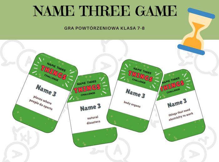 Name three – wymień trzy, gra powtórzeniowa dla klas 7-8 szkoły podstawowej w stylu 5 sekund, język angielski, 70 pytań, słownictwo,