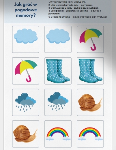 Karty pracy z kolorowaniem scenek z deszczową pogodą