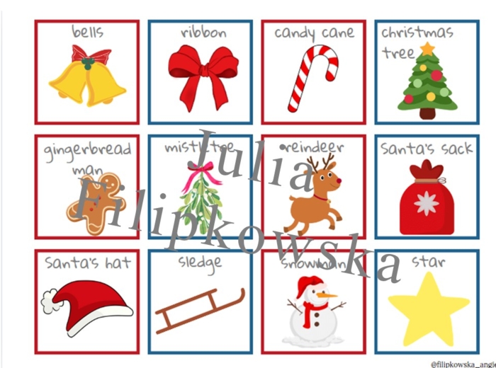 Christmas memory/ Boże Narodzenie/ Christmas/ Memory/ Gra/ Gra językowa/ Karty obrazkowe/ Zabawa/ Dzieci/ Warm-up/ Rozgrzewka/ Słownictwo/ SP 1-3/ SP 4-6/ SP 4-8/ SP 8