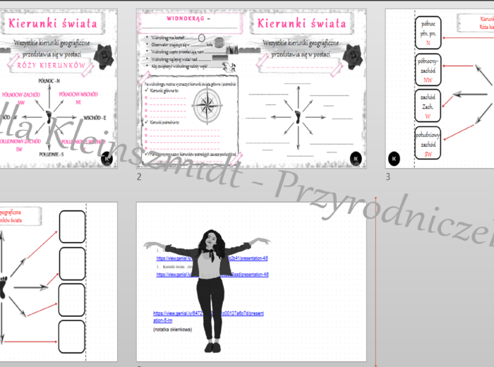Kompletny zestaw na jedną lekcję „Określamy kierunki geograficzne” – sketchnotka + karty pracy w power point + gratisowy link do prezentacji multimedialnej niekomercyjnej + gratisowy link do lekcji multimedialnej niekomercyjnej również wykonanej w genial