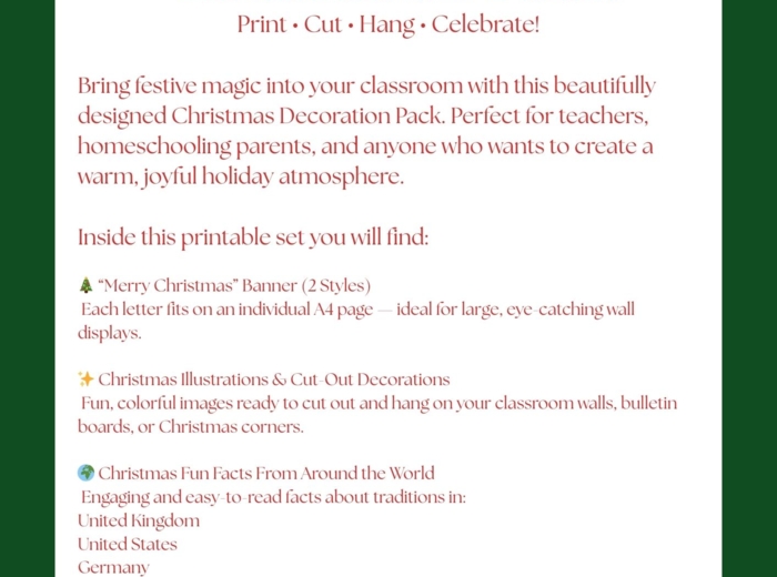 🎄 Christmas Classroom Decoration Pack – Świąteczna Gazetka Do Druku Print • Cut • Hang • Celebrate! 🎅✨dekoracje świąteczne, gazetka bożonarodzeniowa, angielski, materiały do druku, klasa, grudzień, tradycje świąteczne, słownictwo świąteczne., Christmas d