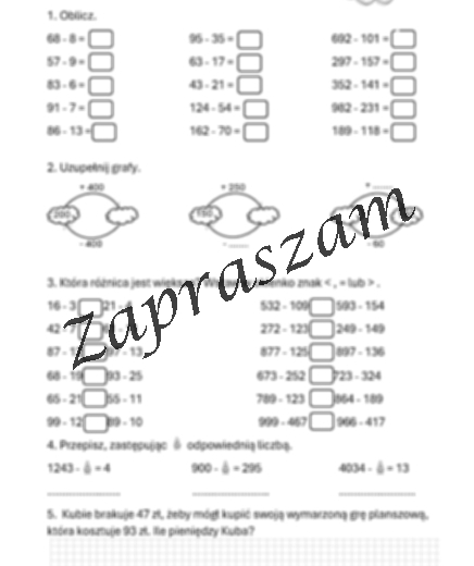 Odejmowanie liczb - karta pracy