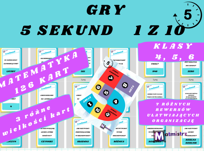 Gry karciane matematyczne "5 SEKUND" oraz "1 z 10" dla uczniów klas 3-6 szkoły podstawowej + plansza do gry