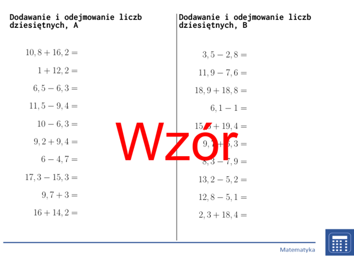 Dodawanie i odejmowanie liczb dziesiętnych | matematyka | 26 kolumn