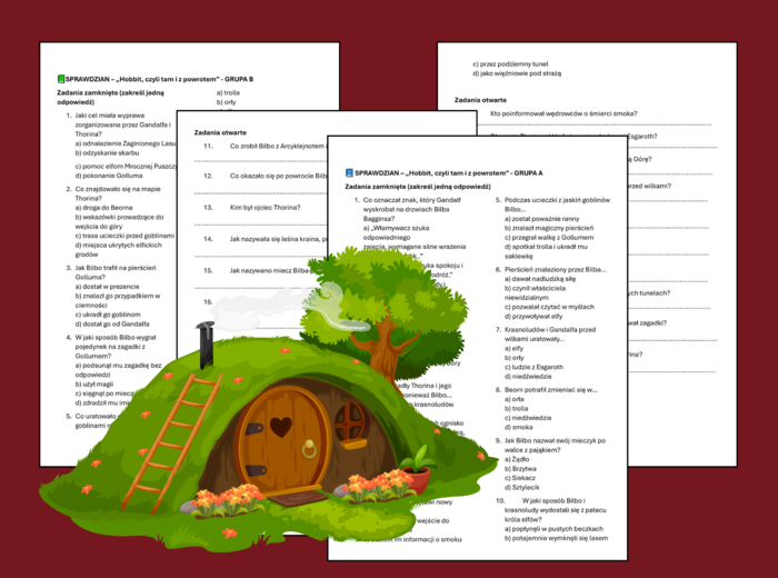 🧙‍♂️Sprawdzian z treści lektury „HOBBIT, czyli tam i z powrotem” (2 grupy + klucz odpowiedzi + BONUS)