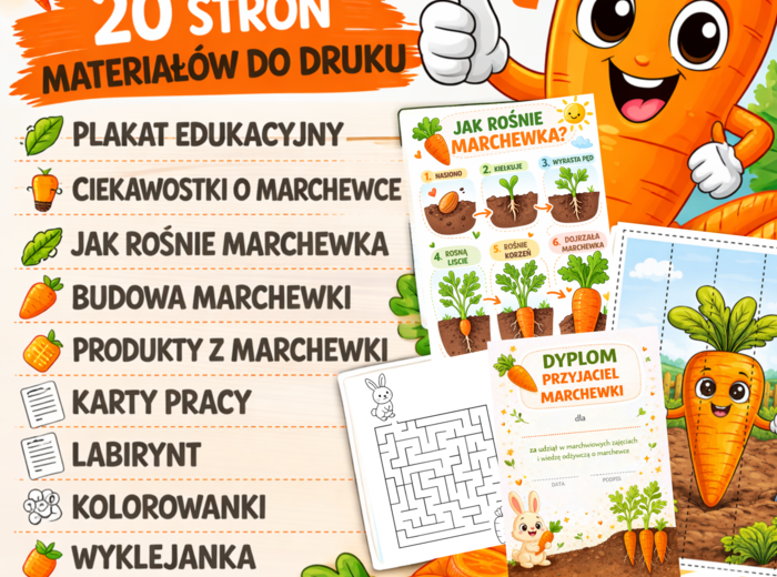 Dzień Marchewki – zestaw edukacyjny | karty pracy, plakaty, puzzle | PDF