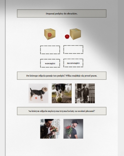 Na, pod, w, za, przed, obok, wewnątrz, na zewnątrz. Karta pracy. Sprawdzian