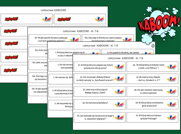 110 pytań do gry KABOOM! – lektury - kl. 7-8 - powtórka - egzamin + ODPOWIEDZI