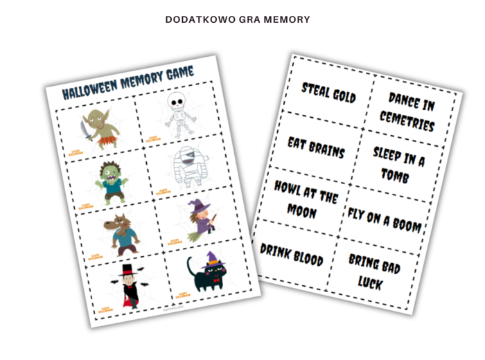 Spooky Sentences: Present Simple Worksheets Halloween Edition Arkusz ćwiczeń Karty pracy na ćwiczenie czasu Present Simple dla klasy 5 Motyw Halloween Dodatkowo Gra Memory
