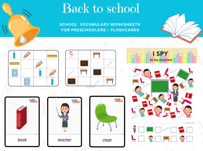 Back to school - school supplies - zestaw 6 kart pracy na początek roku szkolnego, przybory szkolne, wyposażenie klasy, karty obrazkowe, sudoku, I spy, przedszkole, zerówka. worksheets, very young learners, ESL, EFL