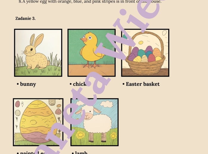 WIELKANOCNA KARTA PRACY- EASTER WORKSHEET_KLASY 1-3: EASTER EGG HUNT, ćwiczenie znajomość kolorów oraz przyimków miejsca, rysowanie własnej pisanki+ ODPOWIEDZI