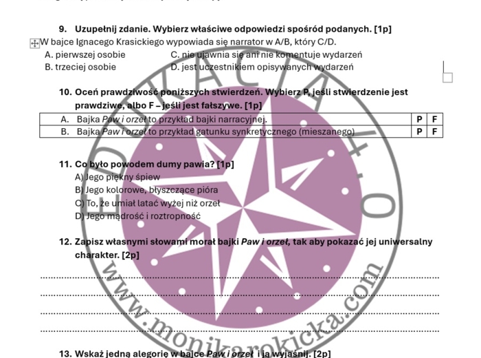 Twórczość Ignacego Krasickiego - karta pracy/sprawdzian