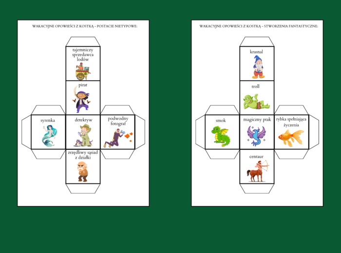 WAKACYJNE OPOWIEŚCI Z KOSTKĄ - ćwiczenia redakcyjne - 11 szt. - wakacje - lato - opowiadanie