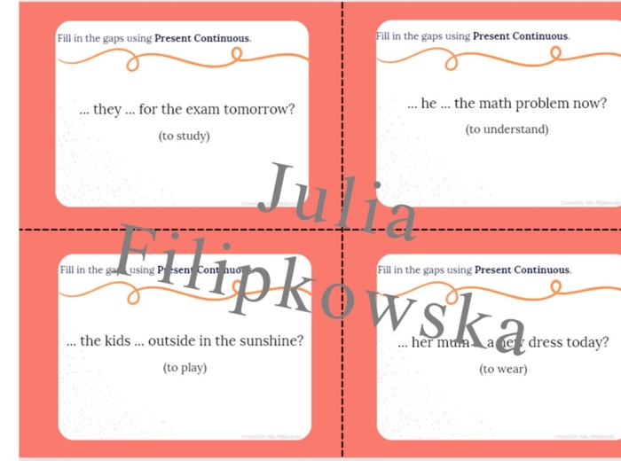 Present Continuous/ Karty do mówienia/ Mówienie/ Speaking/ Zestaw/ Pakiet/ Konwersacje/ Klasy 4-8/ Klasy 4-6/ Klasy 6-8/ SP/ Warm-up/ Rozgrzewka/ Speaking cards/ Gramatyka/ Grammar/ Speaking cards grammar/ Grammar cards/ E8