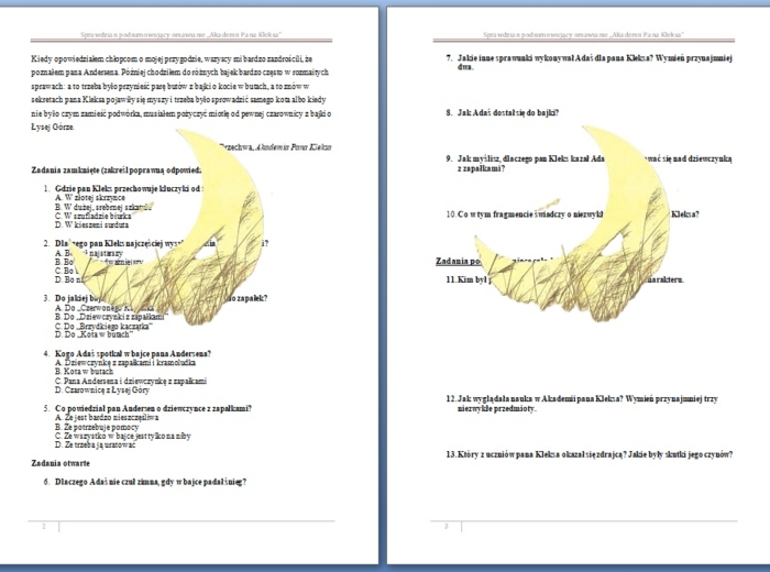 Jan Brzechwa, Akademia Pana Kleksa - sprawdzian podsumowujący omawianie lektury/ test/ czytanie ze zrozumieniem/ zadania do lektury