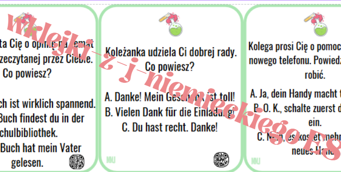 Zadanie 5 - reakcje, powtórka E8, rozgrzewka, stacja zadaniowa, umiejętność reagowania, j. niemiecki