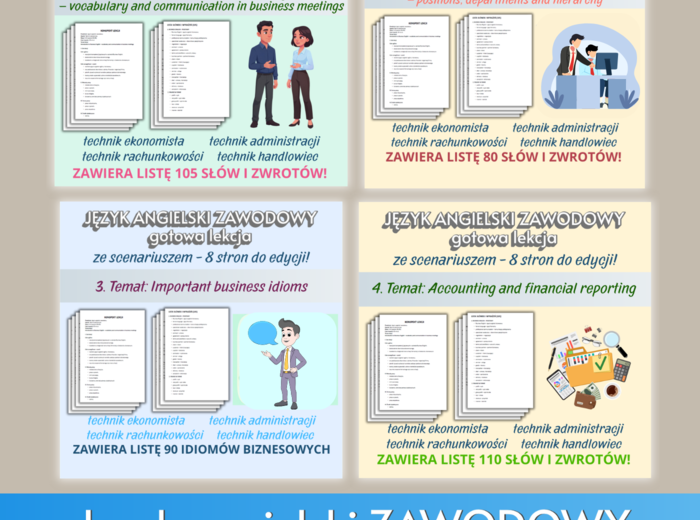 JĘZYK ANGIELSKI ZAWODOWY – PAKIET 4 GOTOWYCH LEKCJI, SCENARIUSZE Z LISTAMI SŁÓW I WYRAŻEŃ