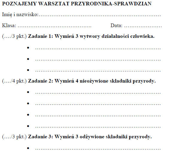 Poznajemy warsztat przyrodnika - sprawdzian