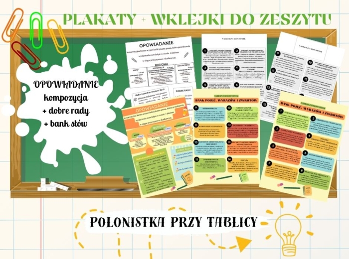 OPOWIADANIE wklejka + plakat - kompozycja, elementy twórcze, bank słówek, dobre rady WERSJA KOLOROWA I CZARNO-BIAŁA