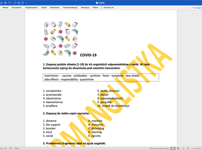 COVID-19 - słownictwo - ćwiczenia z kluczem i rozbudowanym słowniczkiem