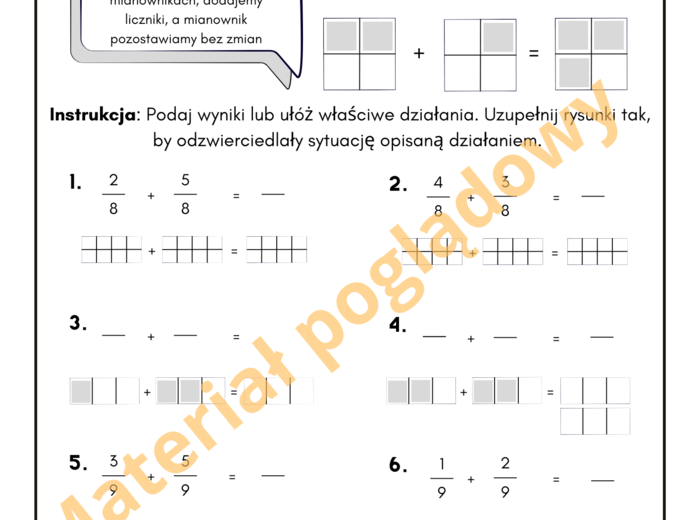 Dodawanie ułamków zwykłych o tych samych mianownikach (wraz z interpretacją graficzną). Karta pracy