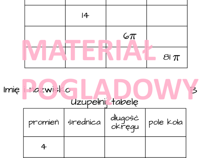 Pole koła i długość okręgu - notatka (plansza) + karta pracy. klasa 7 - 8.