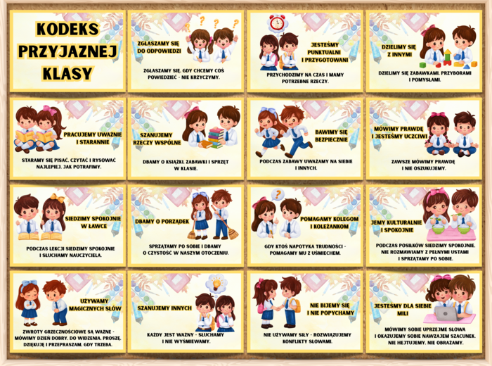 KLASOWE ZASADY / KODEKS PRZYJAZNEJ KLASY - zestaw plakatów edukacyjnych