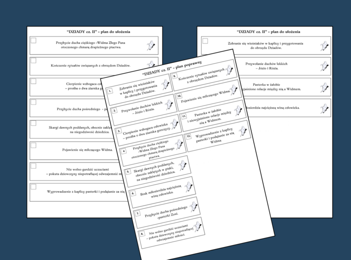 "DZIADY cz. II" – plan wydarzeń – fiszki – 3 wersje – egzamin – lektury 7-8