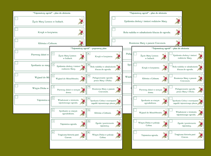 "TAJEMNICZY OGRÓD" – plan wydarzeń – fiszki – 3 wersje