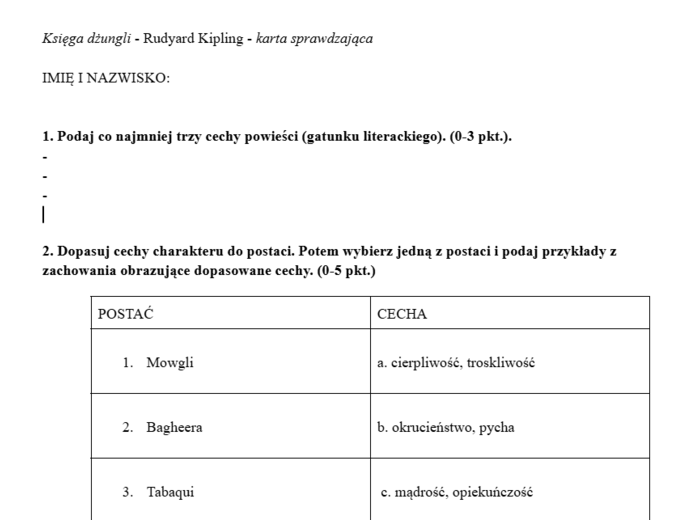 Księga dżungli - sprawdzian po omawianiu
